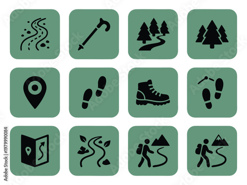 Set of twelve hiking and outdoor trekking icons on green squares.