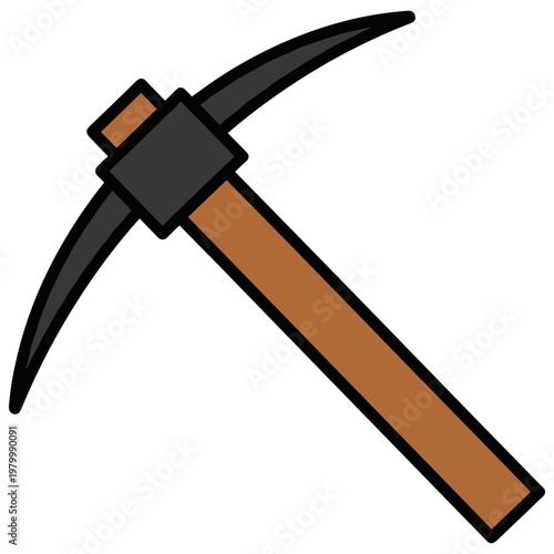 A pickaxe with a brown handle and black head is shown.