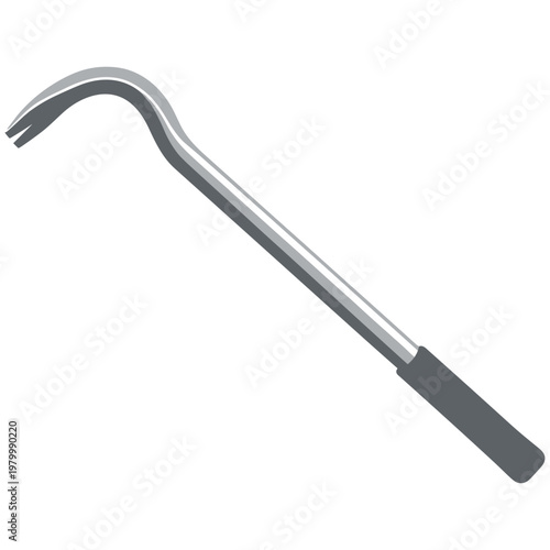 A close-up view of a silver crowbar with a black handle.
