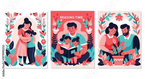 Flat vector family life illustrations, set of 3 posters with parents and children, reading time and gardening activities, floral decorative frames