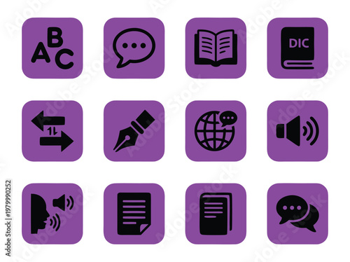 Set of twelve purple language learning and education icons.