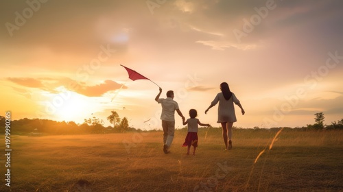 A family embraces the beauty of nature as they fly a kite together during a breathtaking golden hour sunset.
