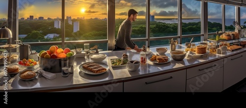 Experience the ultimate in luxury living with a gourmet breakfast served against a breathtaking golden hour horizon.