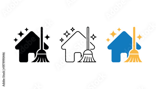 House cleaning icon set vector illustration featuring home, broom, sweep, sparkle, and maintenance chores in line, flat, and colored styles