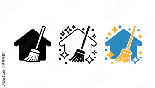 House cleaning icon set vector illustration featuring home, broom, sweep, sparkle, and maintenance chores in line, flat, and colored styles