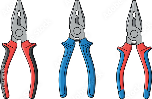 Set of hand tools pliers with red and blue handles isolated vector illustration for construction repair and maintenance concept