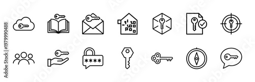 Cyber security and data protection minimalist line icons for web and mobile design.