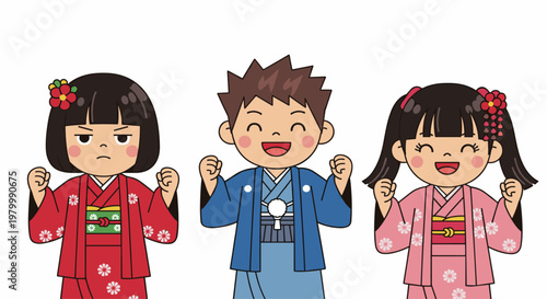 Cute children wearing traditional kimono showing emotions for Japanese celebration