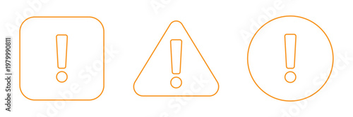 Warning alert icon set vector, exclamation mark symbols in square, triangle and circle shapes for caution, notice, error and important message. Warning sign icon. Red attention icons. Notice icon.