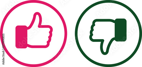 Pink thumbs up and dark green thumbs down icons representing feedback and social media user ratings