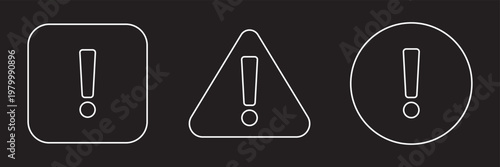 Warning alert icon set vector, exclamation mark symbols in square, triangle and circle shapes for caution, notice, error and important message. Warning sign icon. Red attention icons. Notice icon.