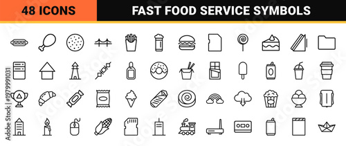 Fast food line icons and snack menu outline symbols.