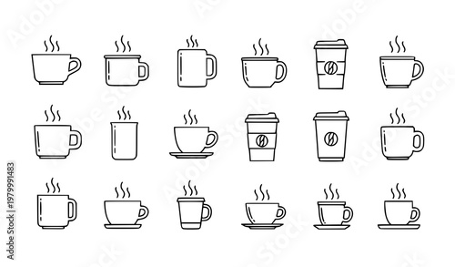 Coffee cup outline icon set tea hot drink minimal line vector collection