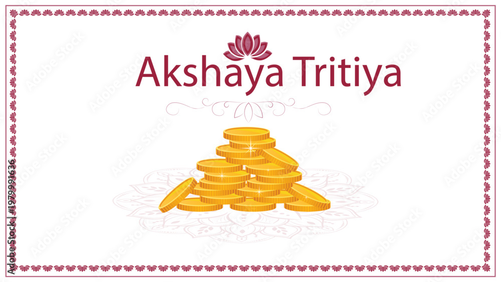 Fototapeta premium Akshaya Tritiya festival greeting background with golden coins, kalash, hanging lamps and floral decorations, red and gold traditional Indian design, auspicious Hindu celebration banner