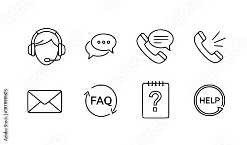 Customer support outline icon set help desk contact FAQ line vector illustration