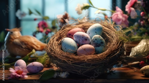Celebrate the grace of the season with this elegant and serene display of speckled eggs in a natural woven nest.