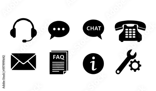 Customer service support icon set black silhouette help desk contact symbols vector
