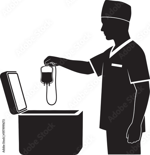 Medical Professional Holding Blood Bag over Cooler Silhouette