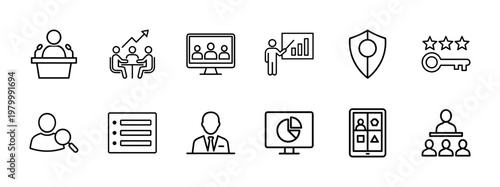 Minimalist business presentation and online meeting line icon set