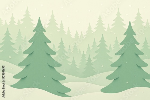 Layered paper cut-out of a winter forest with evergreen pine trees and soft falling snow in shades of sage green and cream