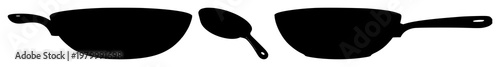 Frying pan set with black silhouette against clean white background featuring cookware, cooking, kitchen utensil with silhouette and minimalism