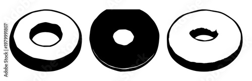 Donut set with black silhouette on crisp white background featuring pastry, sweet treat, circular pastry with chocolate glaze and sugar glaze