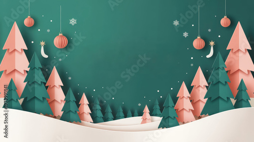 Paper craft landscape with pink and green pine trees, hanging baubles, and white snowflakes on a dark green background, holiday banner