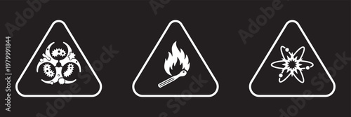 Hazard warning icon set vector, biohazard, flammable and explosive symbols in triangle signs, safety alert collection, minimal outline design for caution, laboratory and emergency use. Risk icons set.