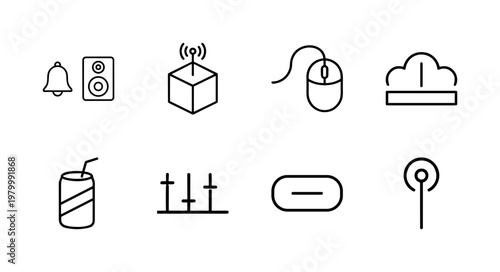 Minimalist audio equipment and microphone line icons for digital interface