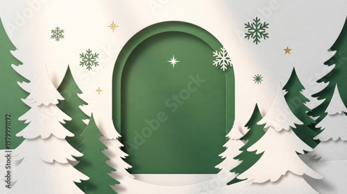 Paper cut style background, with green arched, frame, layered white, and dark green, pine trees, and, gold star and, snowflake accents