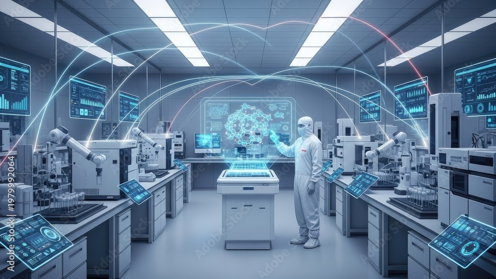 Fototapeta premium Futuristic laboratory with advanced technology and scientist in white uniform