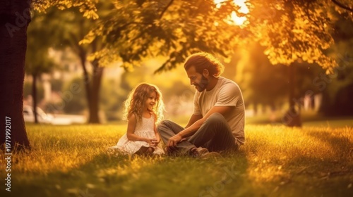 A father and daughter share a magical moment of connection under the golden glow of a setting sun.