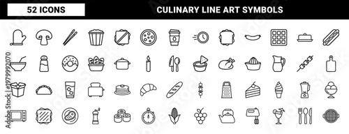 Fast food line icons with kitchenware and snacks minimalist set