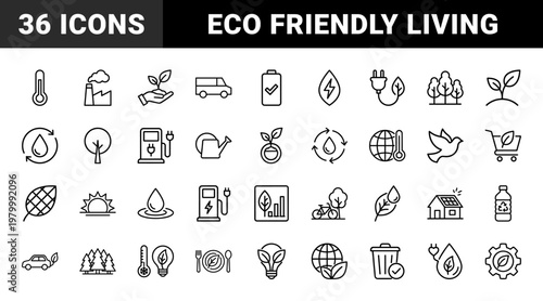 Eco environment and green energy line icon set
