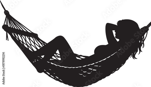 A woman relaxing in a woven hammock outdoors silhouette vector