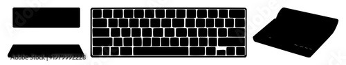 Keyboard set with black silhouette on white background featuring computer, input device, keys with technology and electronics