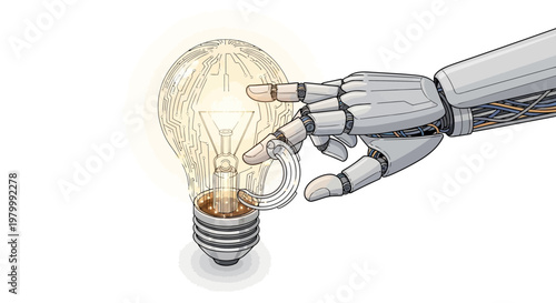 AI Innovation Concept: Robotic Hand Touching Glowing Light Bulb with Digital Circuitry Symbolizing Automation and Creative Intelligence