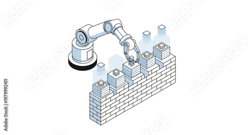 Isometric Robotic Arm Constructing a Brick Wall, Industrial Automation and Smart Construction Technology Illustration for AI and Future Infrastructure