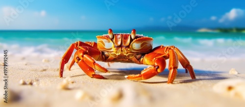 A vibrant red crab explores the sun-drenched shores of a tropical paradise.