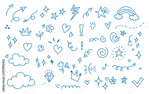 Hand drawn marker doodle element set with arrows, hearts, crowns, stars, underline strokes and colorful scribble shapes for playful design accents and sketch style icons stock illustration