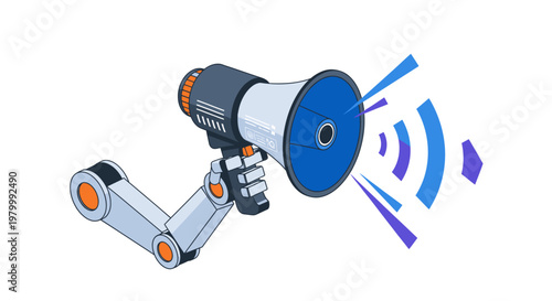 Robotic Arm Holding Megaphone Illustration Representing AI Communication, Automated Digital Marketing, and Technology Announcements