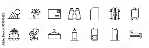 Travel and tourism minimalist line icons for vacation and holiday projects.