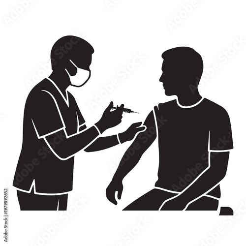 A healthcare worker administering a vaccine to a patient depicted in stark contrast silhouette