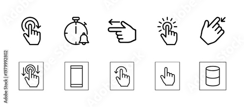Minimalist touchscreen gestures and interactive interface line icons.