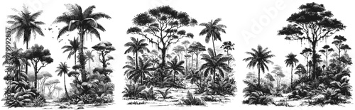 Line art sketch drawing of tropical rainforest scenes. Each section shows dense vegetation with tall trees, including palms and broad-leaved canopy trees vector svg