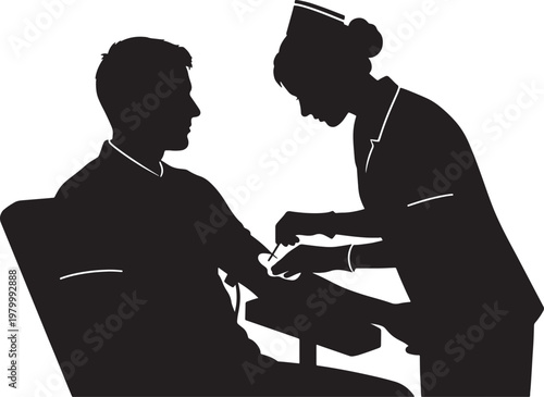 Blood Draw Procedure with Nurse and Man Silhouette Isolated on White
