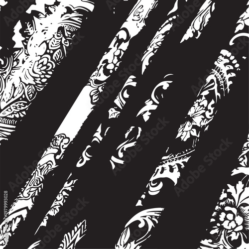 Intricate black and white damask fabric with ornate repeating patterns Vector