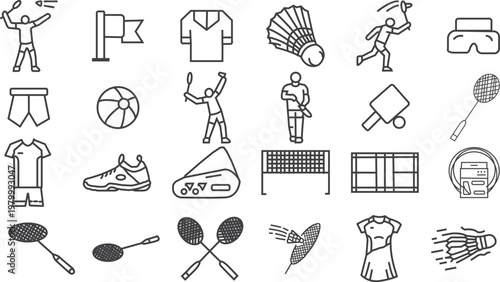 Badminton and Racket Sports Line Icons Set – Shuttlecock, Equipment and Players Outline Vector