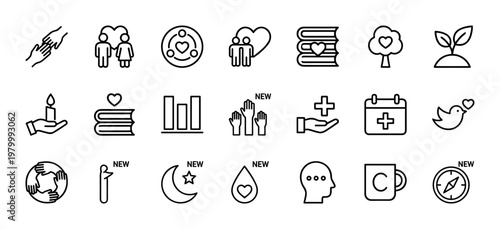 Minimalist outline charity and healthcare icons for community support