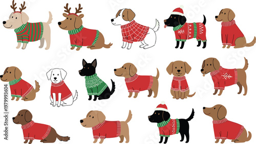 Cute dogs wearing winter sweaters collection with different breeds festive holiday pet outfits cozy seasonal vector illustration set
